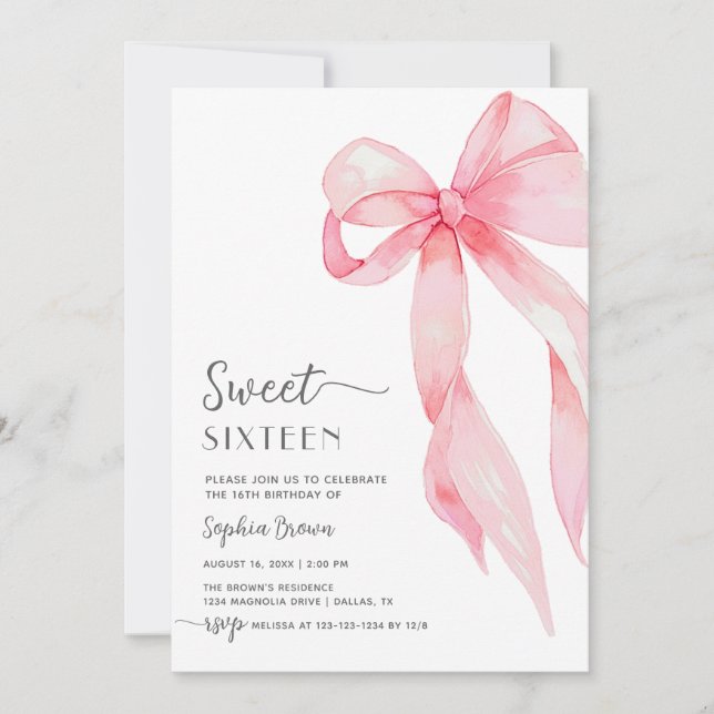 Elegant Pink Bow Coquette Sweet Sixteen Birthday Invitation (Front)