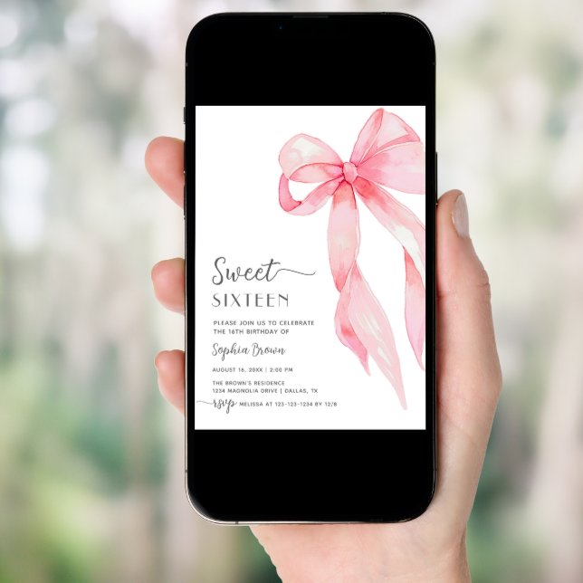 Elegant Pink Bow Coquette Sweet Sixteen Birthday Invitation (Front Digital)