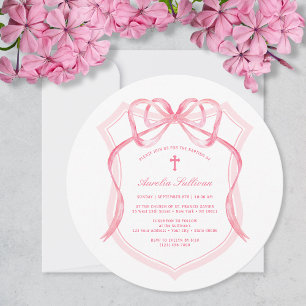 Elegant Pink Bow Crest Baptism Invitation