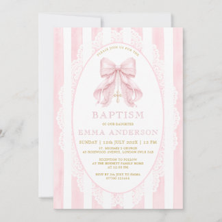 Elegant Pink Bow & Cross Girl Baptism Invitation