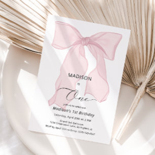 Elegant Pink Bow First Birthday Invitation