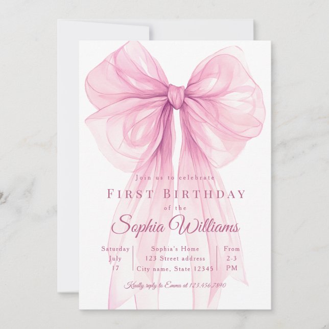Elegant Pink Bow First Birthday Invitation (Front)