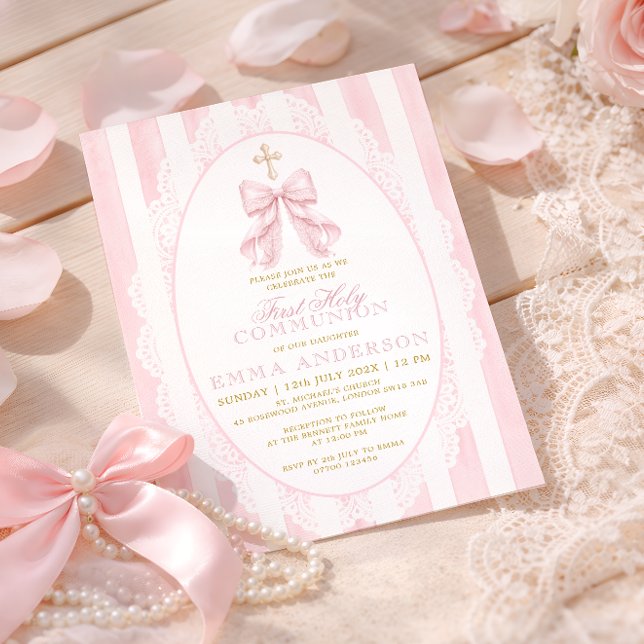 Elegant Pink Bow First Holy Communion Invitation (Creator Uploaded)