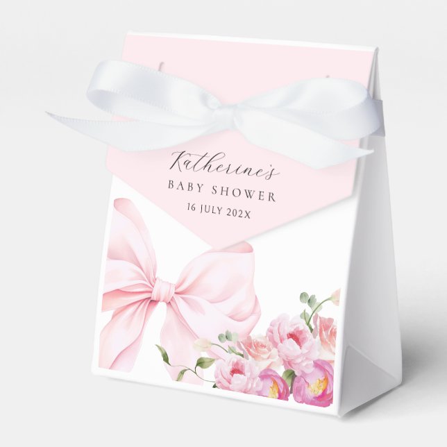  Elegant Pink Bow Floral Baby Shower Favor Boxes (Front Side)