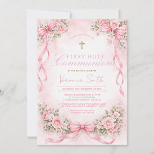 Elegant Pink Bow Floral First Holy Communion Invitation