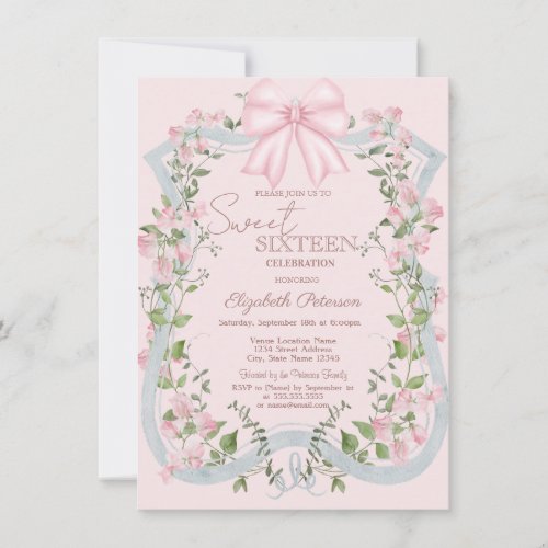 Elegant Pink Bow Floral Frame Sweet 16  