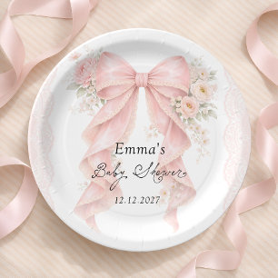 Elegant Pink Bow Floral Girl Baby Shower Paper Plates