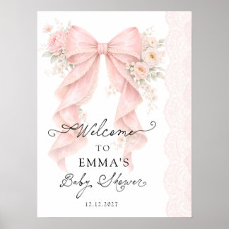 Elegant Pink Bow Floral Girl Baby Shower Welcome Poster