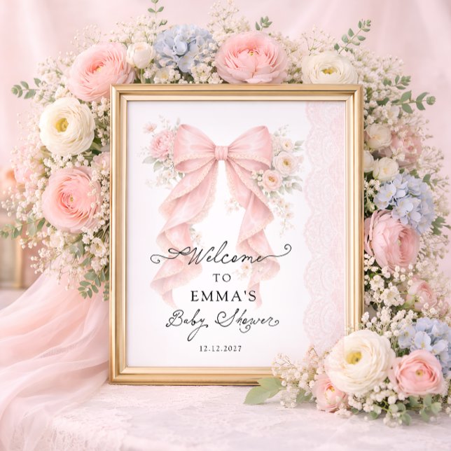 Elegant Pink Bow Floral Girl Baby Shower Welcome Poster (Creator Uploaded)