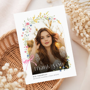 Elegant Pink Bow Floral Photo Graduation Thank You Postcard