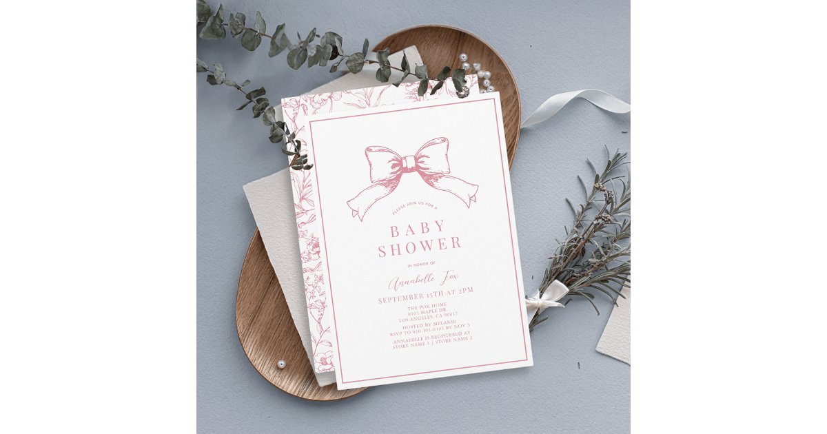 Elegant Pink Bow Girl Baby Shower Invitation | Zazzle