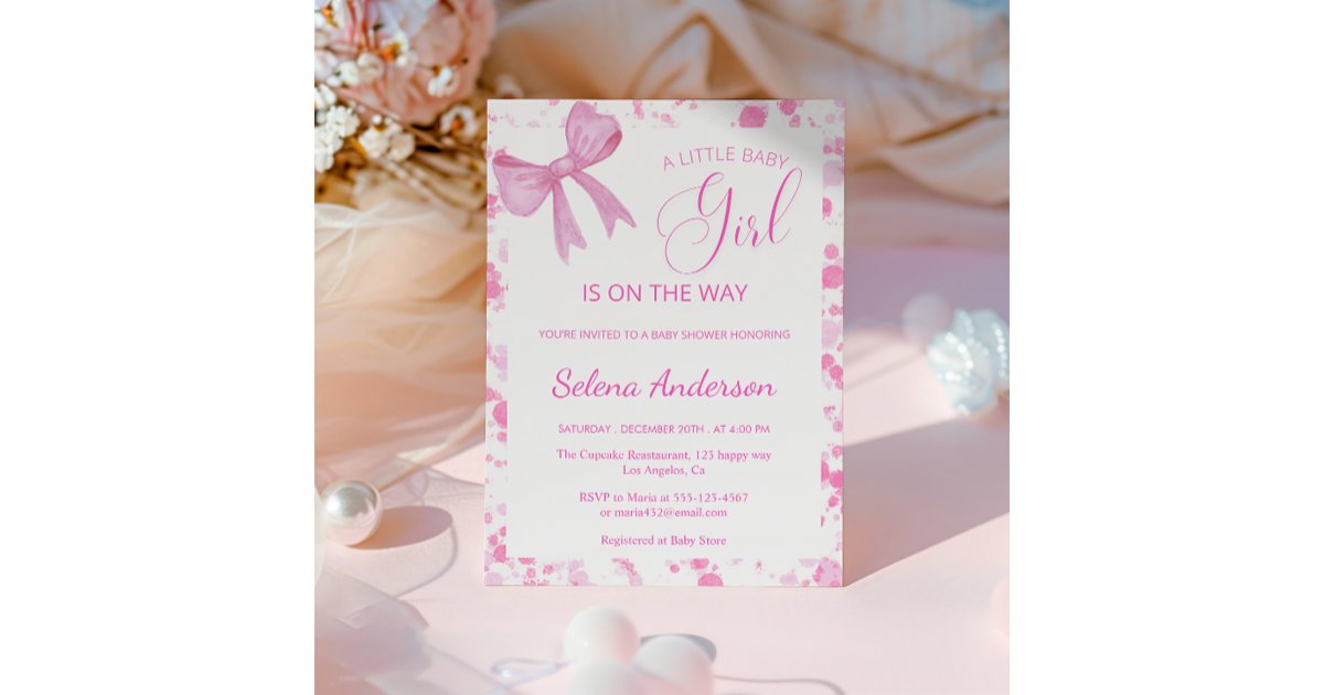 Elegant Pink Bow Girl Baby Shower Invitation | Zazzle