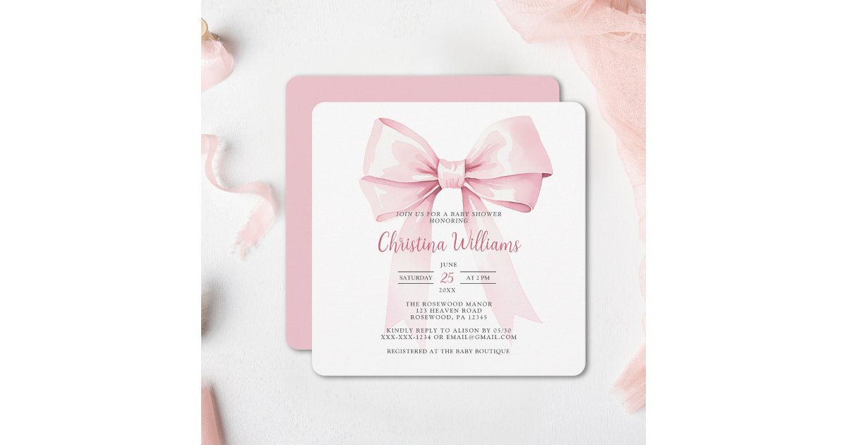 Elegant Pink Bow Girl Baby Shower Invitation | Zazzle