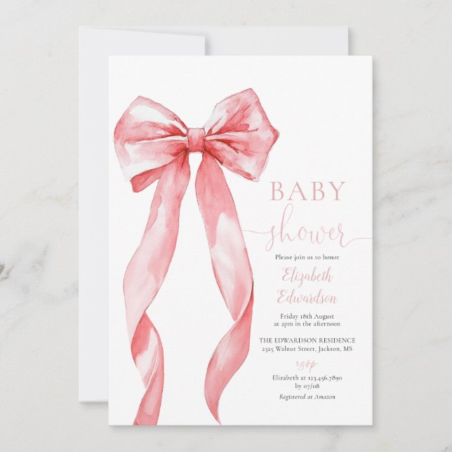 Elegant Pink Bow Girl Baby Shower Invitation (Front)