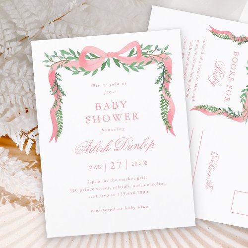 Elegant Pink Bow Girl Baby Shower Invitation Postcard