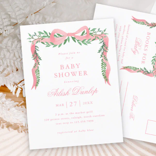 Elegant Pink Bow Girl Baby Shower Invitation Postcard | Zazzle