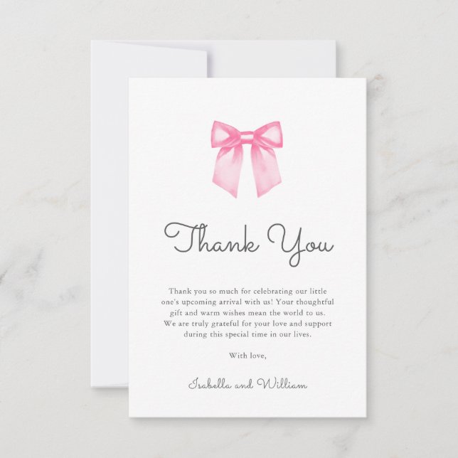 Elegant Pink Bow Girl Baby Shower Thank You Card (Front)