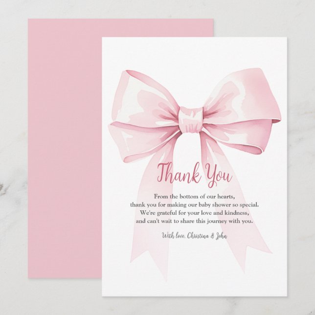 Elegant Pink Bow Girl Baby Shower Thank You Card (Front/Back)