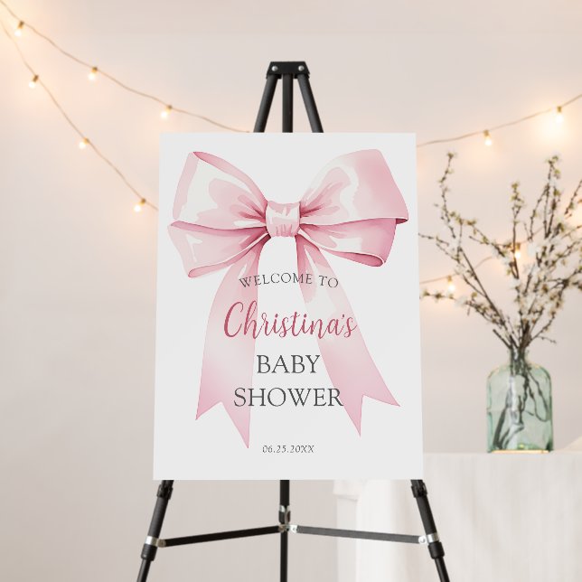Elegant Pink Bow Girl Baby Shower Welcome Sign (In Situ (Stand))
