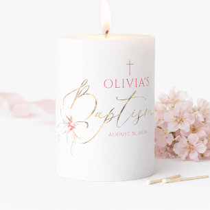 Elegant Pink Bow Girl Baptism Celebration Pillar Candle