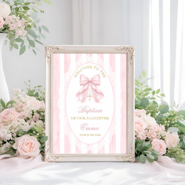 Elegant Pink Bow Girl Baptism Welcome Poster (Creator Uploaded)
