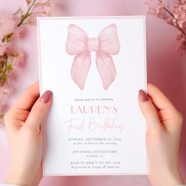 Elegant Pink Bow Girl First Birthday Invitation (Creator Uploaded)