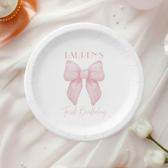 Elegant Pink Bow Girl First Birthday Paper Plates (Creator Uploaded)
