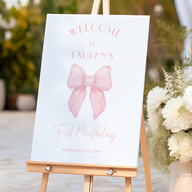 Elegant Pink Bow Girl First Birthday Welcome Sign (Creator Uploaded)