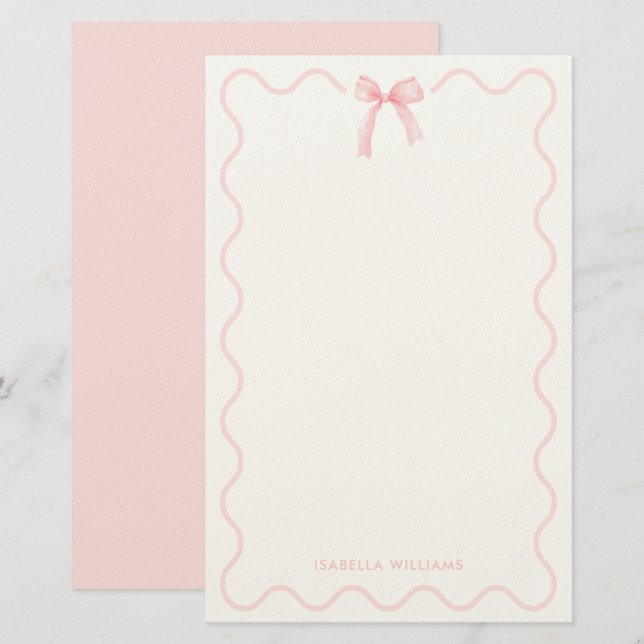 Elegant Pink Bow Girl Personalized Stationery (Front/Back)