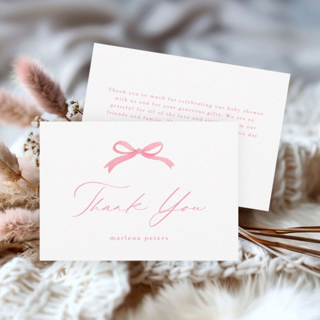 Elegant Pink Bow Girls Baby Shower Thank You Card (Simple pink bow girls baby shower thank you card.)