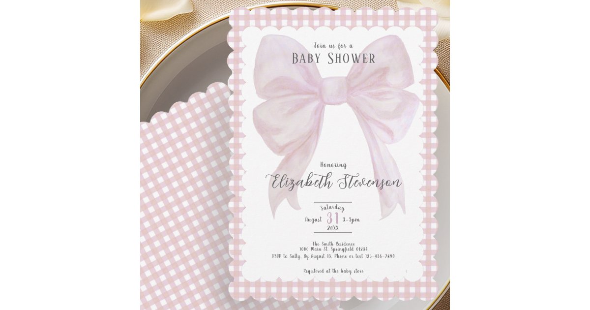Elegant Pink Bow Girly Baby Shower Invitation | Zazzle
