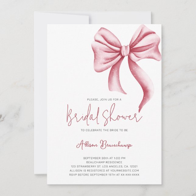 Elegant Pink Bow Girly Bridal Shower Party Invitation (Front)
