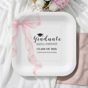 Elegant Pink Bow Graduation Cap Graduate Paper Plates