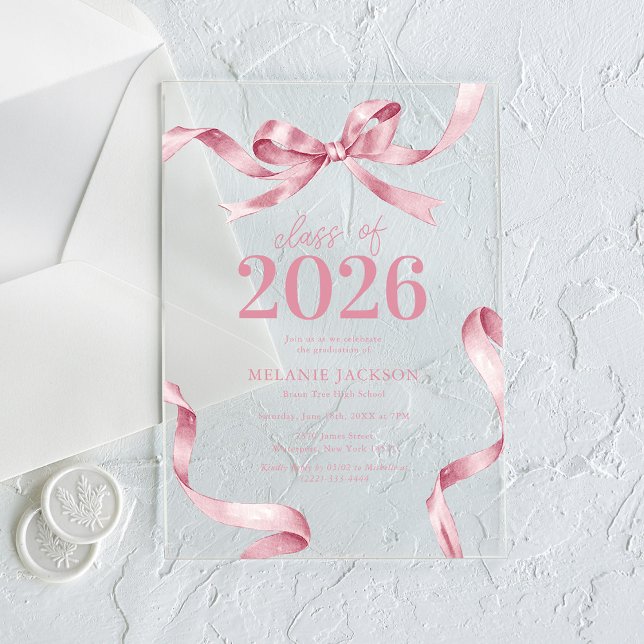 Elegant Pink Bow Graduation Party Acrylic Invitations (Creator Uploaded)