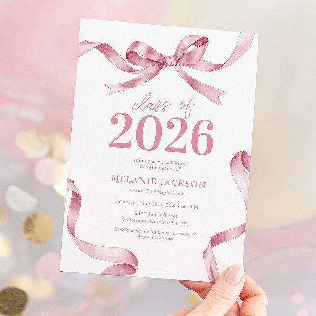 Elegant Pink Bow Graduation Party Invitation (Creator Uploaded)