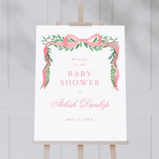 Elegant Pink Bow Greenery Boy Baby Shower Welcome Foam Board (Elegant pink bow greenery baby shower welcome sign.)