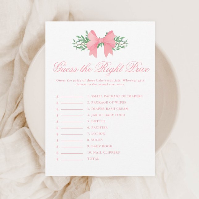 Elegant Pink Bow Guess the Price Baby Shower Game Invitation (Elegant Pink Bow Guess the Right Price Baby Shower Games.)