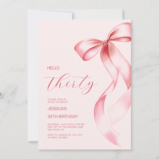 Elegant Pink Bow Hello Thirty 30th Birthday Party Invitation (Front)