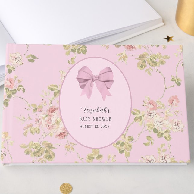 Elegant Pink Bow It's a Girl Floral Baby Shower  Guest Book (Creator Uploaded)