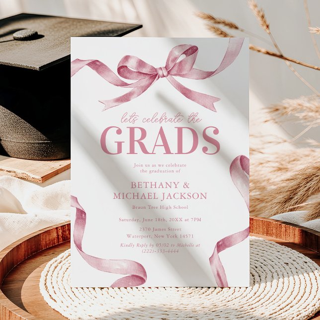Elegant Pink Bow Joint Graduation Party Invitation (Creator Uploaded)