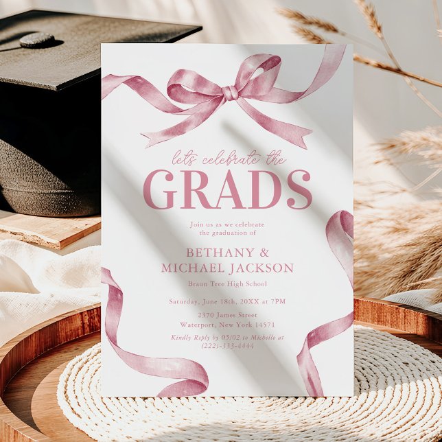 Elegant Pink Bow Joint Graduation Party Invitation (Creator Uploaded)