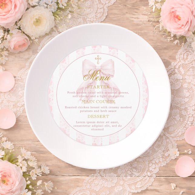 Elegant Pink Bow Lace Girl Baptism Menu (Creator Uploaded)