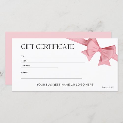 Elegant Pink Bow Logo Gift Certificate