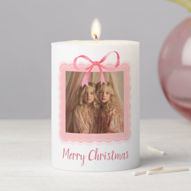 Elegant Pink Bow Merry Christmas Photo Candle (In Situ)