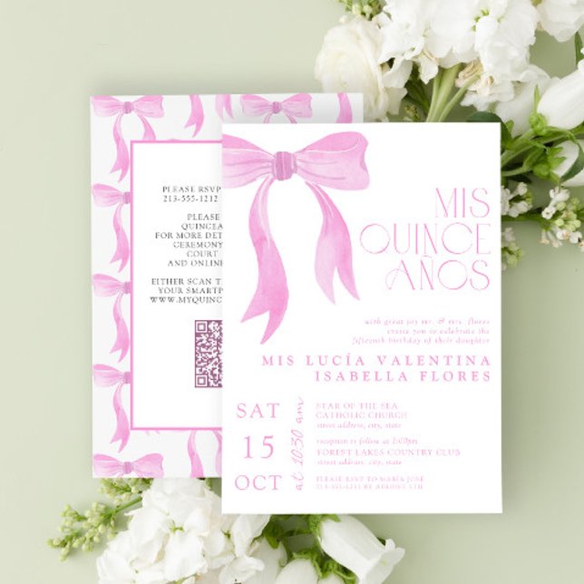 Elegant Pink Bow Mis Quince Años QR Quinceañera  Invitation (Creator Uploaded)