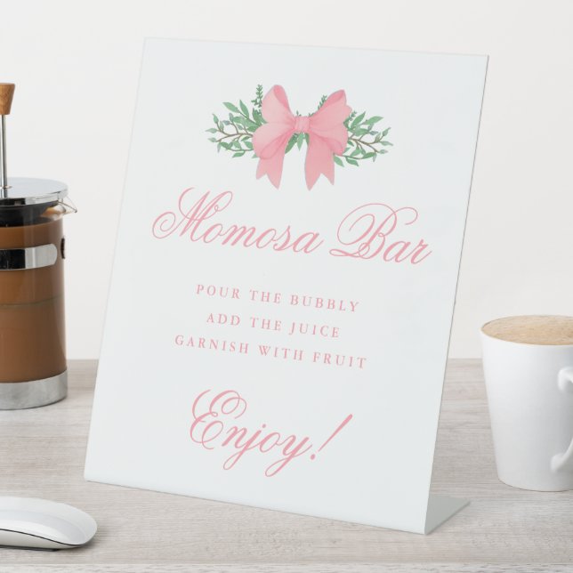 Elegant Pink Bow Momosa Bar Baby Shower Pedestal Sign (In SItu)