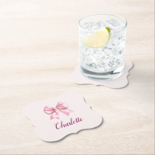 Elegant Pink Bow & Name Personalized Paper Coaster