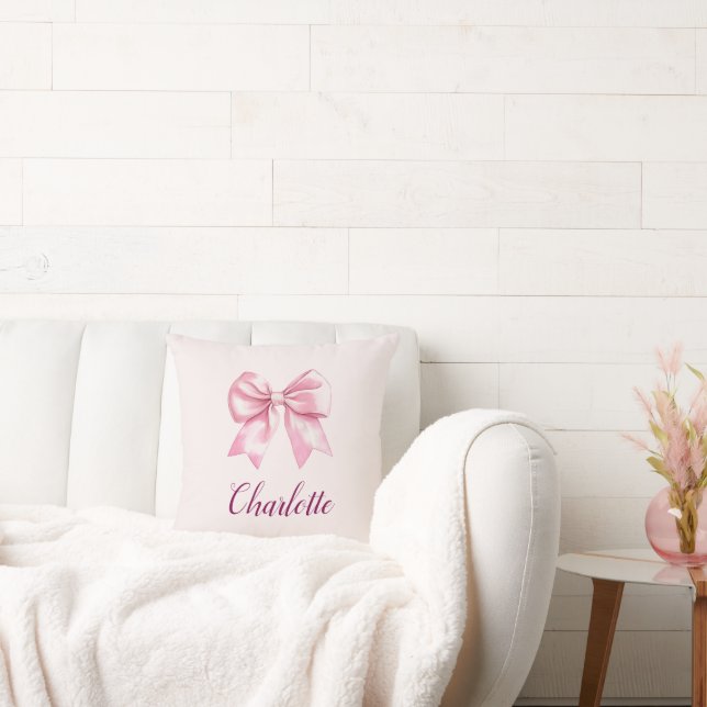 Elegant Pink Bow & Name | Personalized Pillow (Couch)
