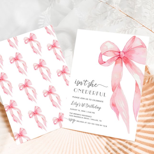 Elegant Pink Bow Onderful Baby Girl 1st Birthday Invitation (Creator Uploaded)