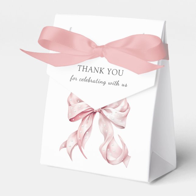 Elegant Pink Bow Pearls Baby Shower Girl Favor Box (Front Side)